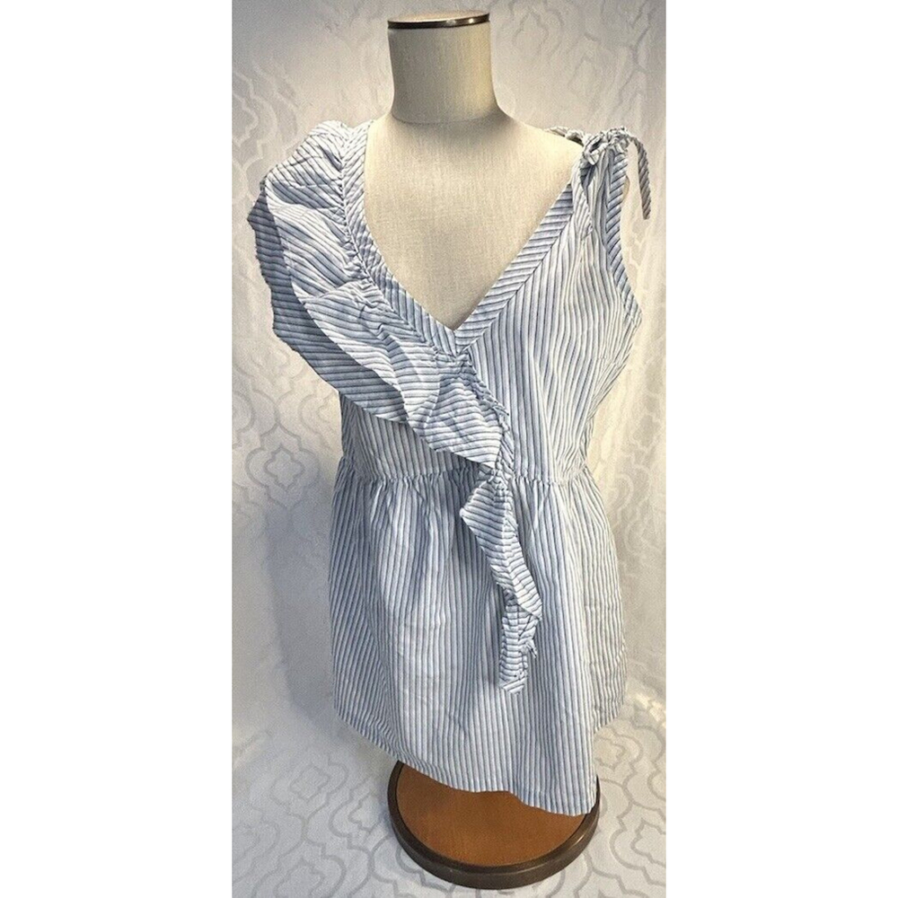 Anthropologie Left Of Center Eveline Top Sz L V-Neck Sleeveless Blue Striped